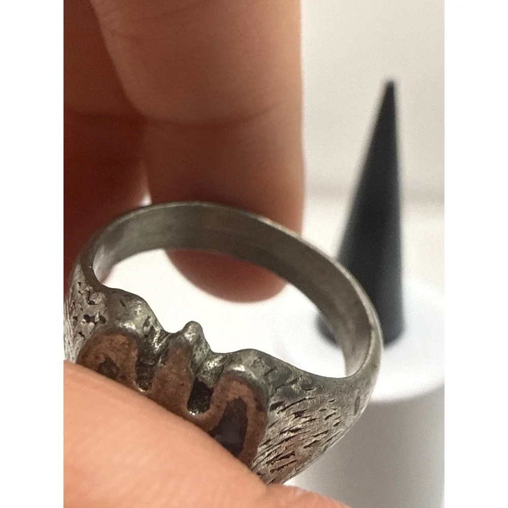 Vintage Bat Crest Ring Pewter‎ Tone Blue Red Enamel Textured Band Size 11.5